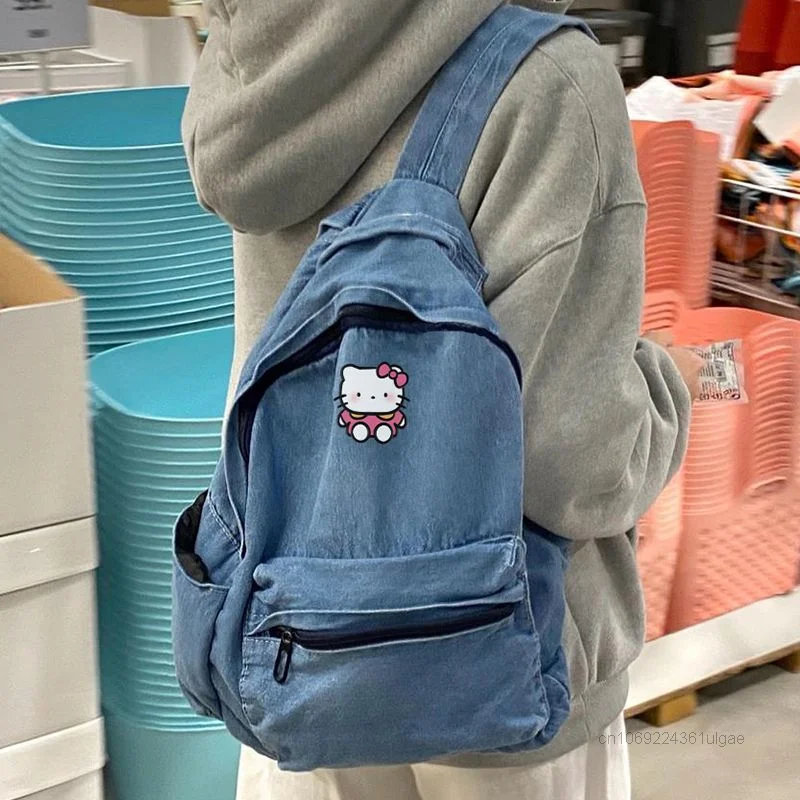 Sanrio Hello Kitty Bags Denim Canvas Backpack Y2k Student Large Capacity Korean Fashion Shoulder School Bag Women Cute Backpacks