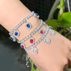 CWWZircons Adjustable Size Bling Blue Red Cubic Zirconia Crystal Silver Color Rectangle Charms Tennis Bracelets for Women CB307