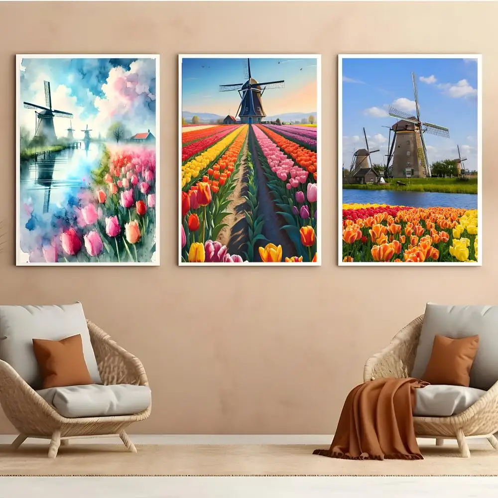 Dutch Windmills & Tulips Poster Self Adhesive HD PVC Wall Art - Waterproof & Stain Proof For Home Office