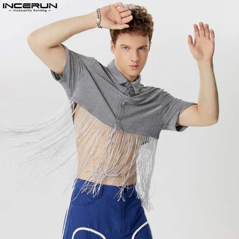 

2024 Men Shirt Shiny Tassel Patchwork Lapel Short Sleeve Casual Men Clothing Streetwear Summer Sexy Fashion Shirts S-3XL INCERUN