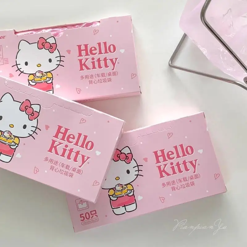 Kawaii Sanrio Hello Kitty tas penyimpanan sampah transparan sekali pakai lucu merah muda kreatif tas pinggiran mobil portabel dekorasi anak perempuan