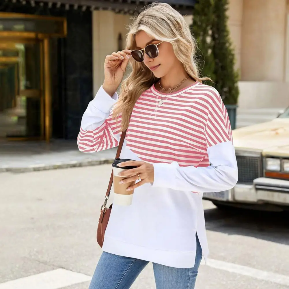 

Lightweight Sweatshirt Striped Print Loose O Neck Pullover for Women Commuting T-shirt with Long Sleeves Split Hem Spring Fall