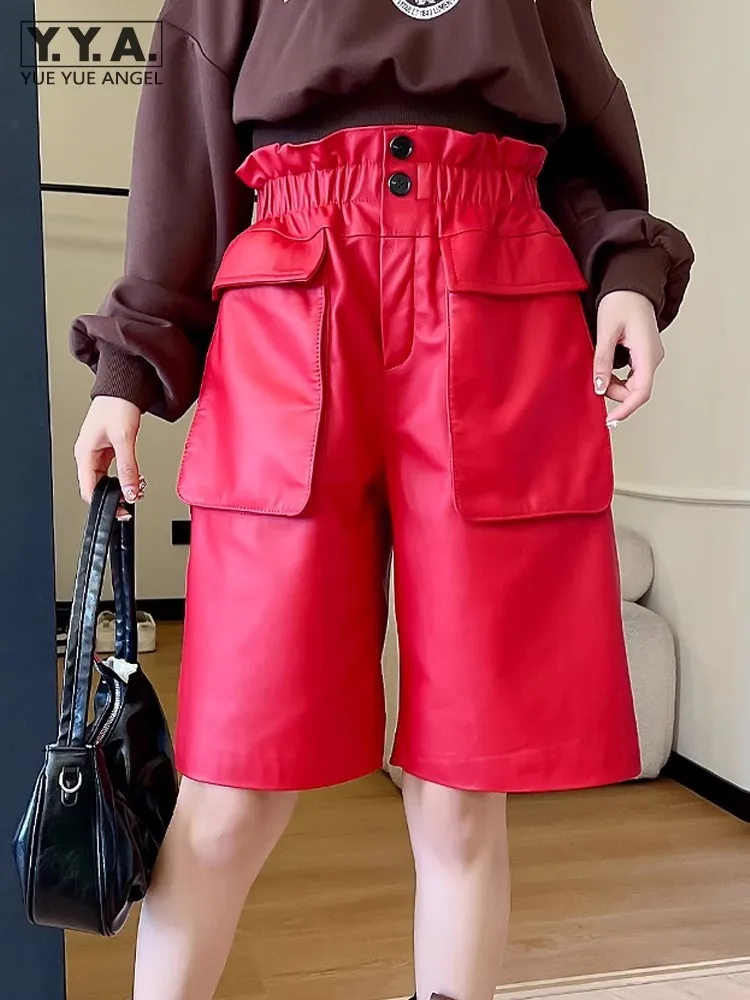 Women Loose Fit Elastic Waist Knee Length Shorts Casual Streetwear Fashion Big Pockets Sheepskin Genuine Leather Short Red 4XL