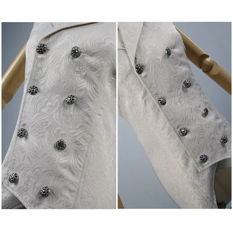 2025 New Medieval Mens Black White Gothic Steampunk Vest Jacquard Double Breasted Waistcoat Stage Cosplay Prom Victorian Costume