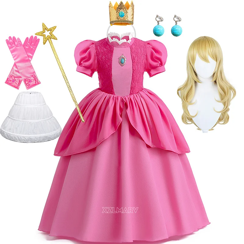 New Baby Girls Queen Peach Princess Dress Kids Cosplay Costume Children Birthday Carnival Party Outfit Stage Performance Clothes