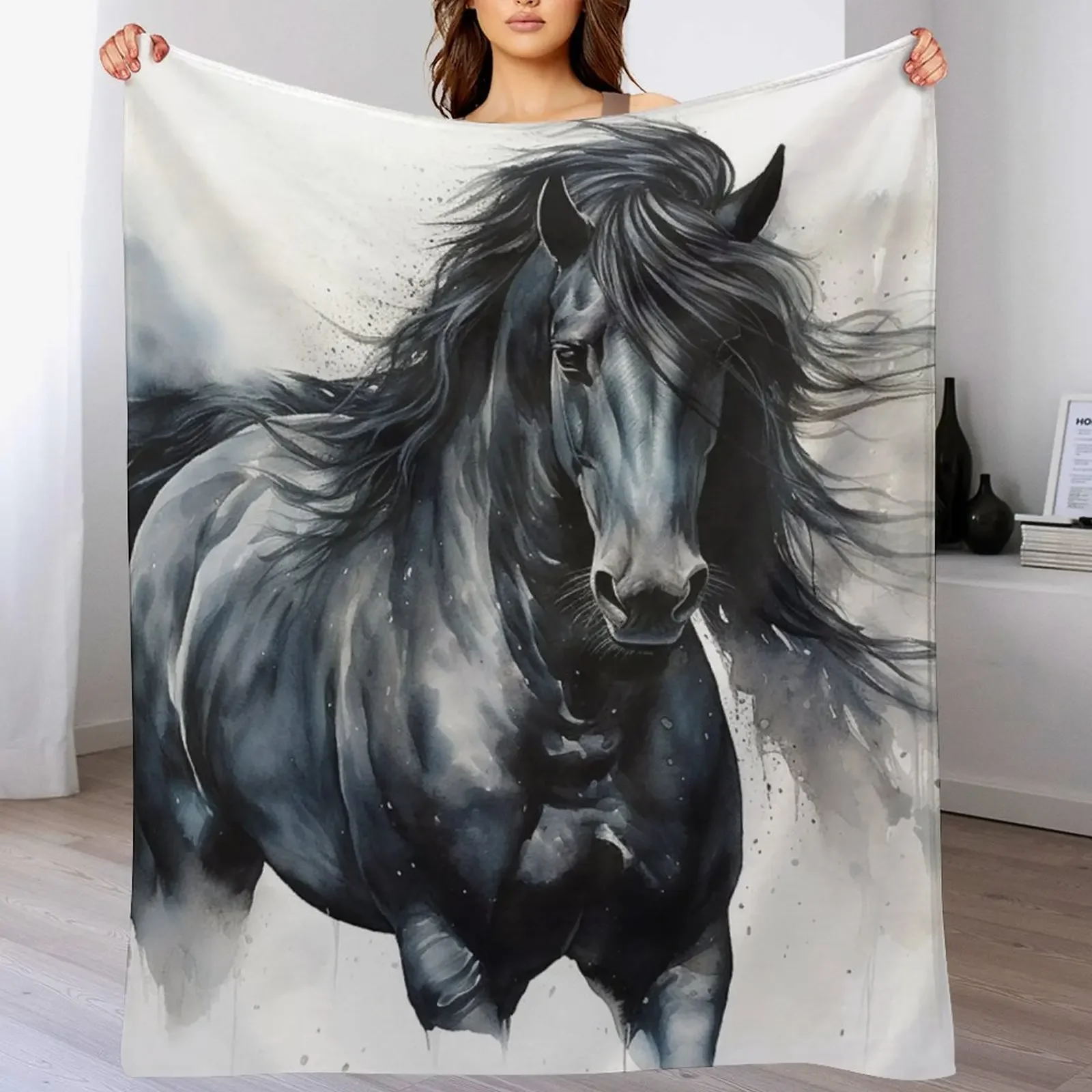 Graceful Power: Friesian Horse in White Throw Blanket Cozy Sofa Blanket for TV Watching Napping