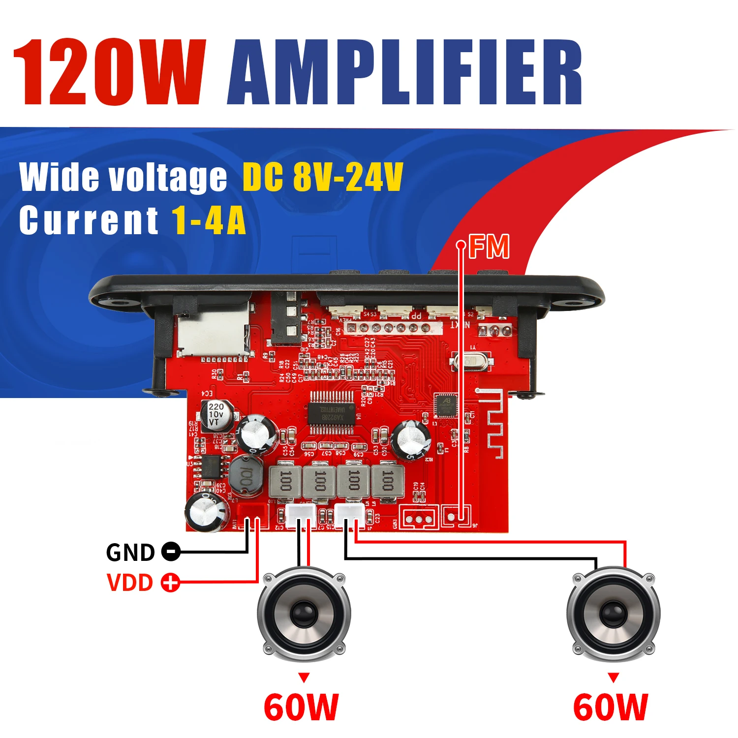 DC 7V-24V 2*60W Amplificador MP3 Decodificador 120W MP3 Player Bluetooth V5.0 Módulo USB FM AUX Gravação de Rádio Para Alto-falante