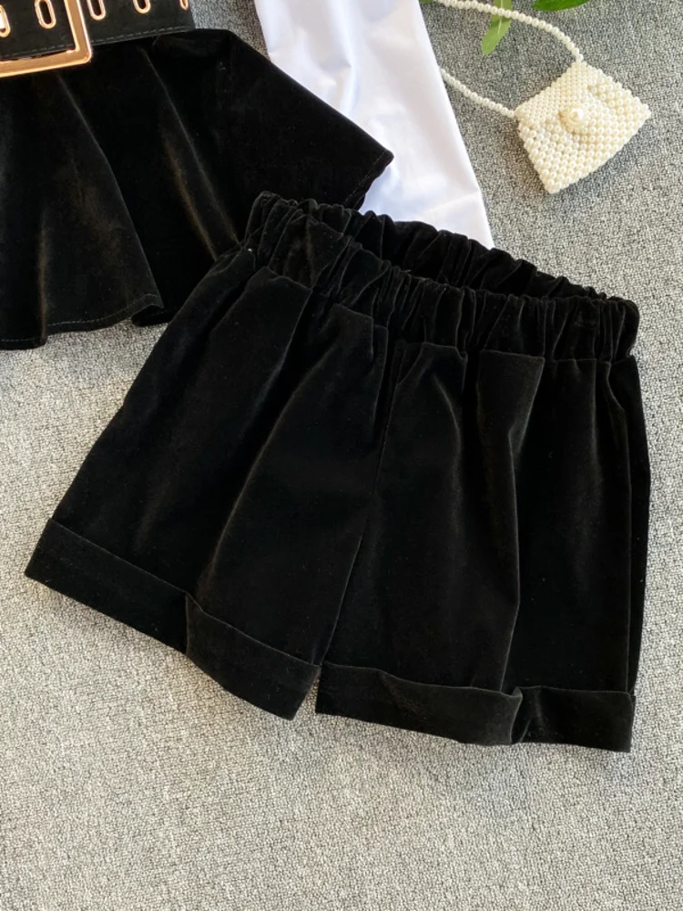 DEAT 2024 Spring Spring Long Sleeve Patchwork Velvet Size Small Tops With Belt High Waist Shorts Two Piece Set Women MH334