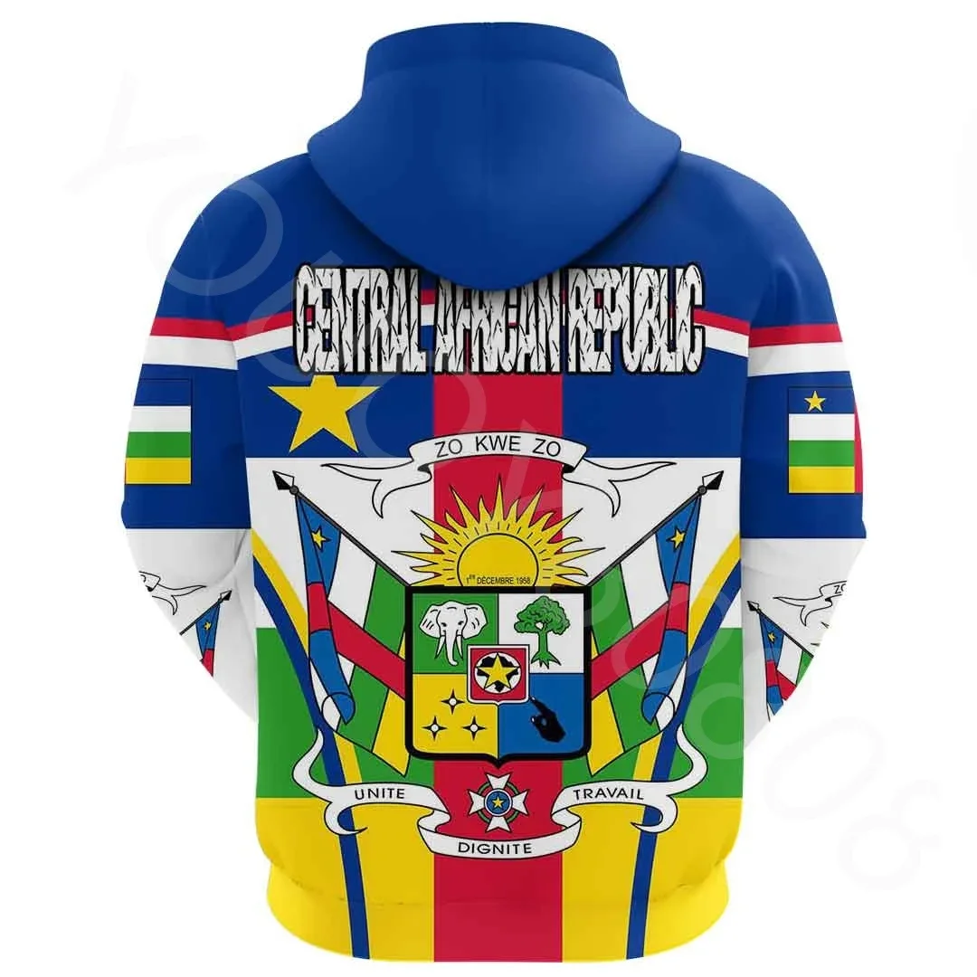 Autumn and Winter Africa Men's and Women's Casual Printing Loose Harajuku Hoodie Central African Republic Event Flag Zipper Hood