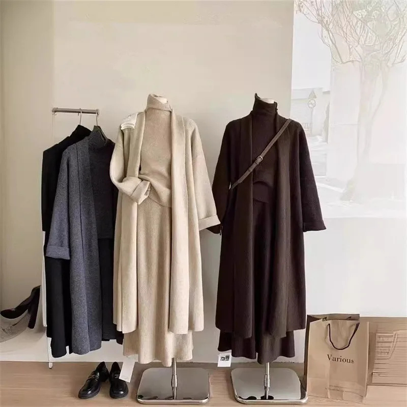 

Autumn Winter Lazy Style Gentle Wind Long Sweater Coat Skirt Set Knitted Cardigan Three-Piece Set