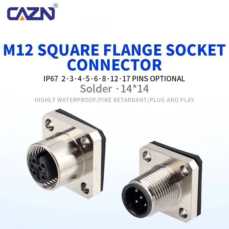 Factory M12 Square Flange Male Female Socket 2 3 4 5 6 8 12 17 Pins Solder Type Waterproof Connectors