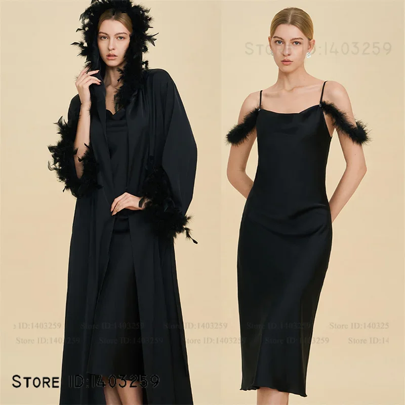 Fashion Feather Hooded Long Robe Bathrobe Kimono Gown Sexy Off Shoulder Nightgown Home Dress Summer New Satin Sleepwear Homewear