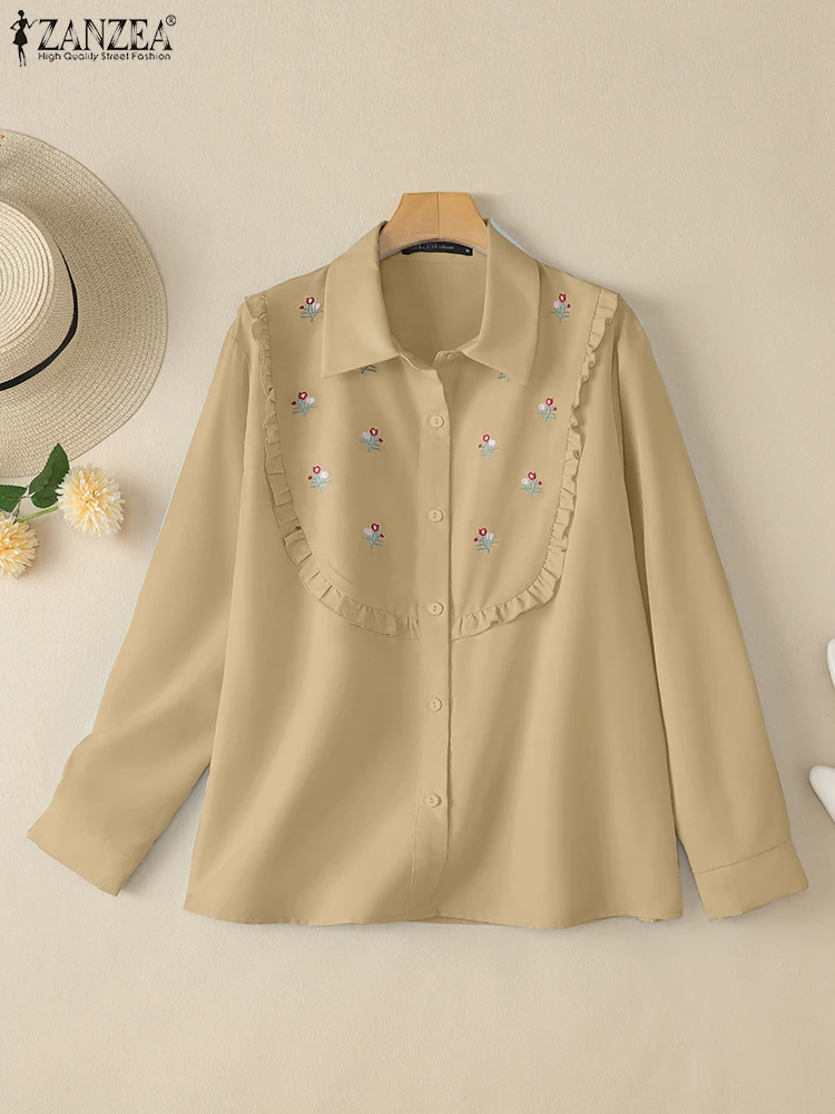 Frauen Revers Hals Langarm Hemd ZANZEA Frühling Arbeit Bluse Casual Tasten Blusas Mode Elegante Blumen Stickerei Tunika Tops
