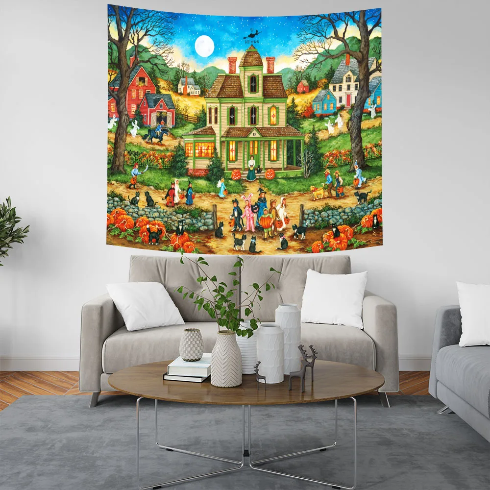 Halloween illustration tapestry children's room, home decoration, horror wall, pumpkin lamp, bedroom, holiday background cloth