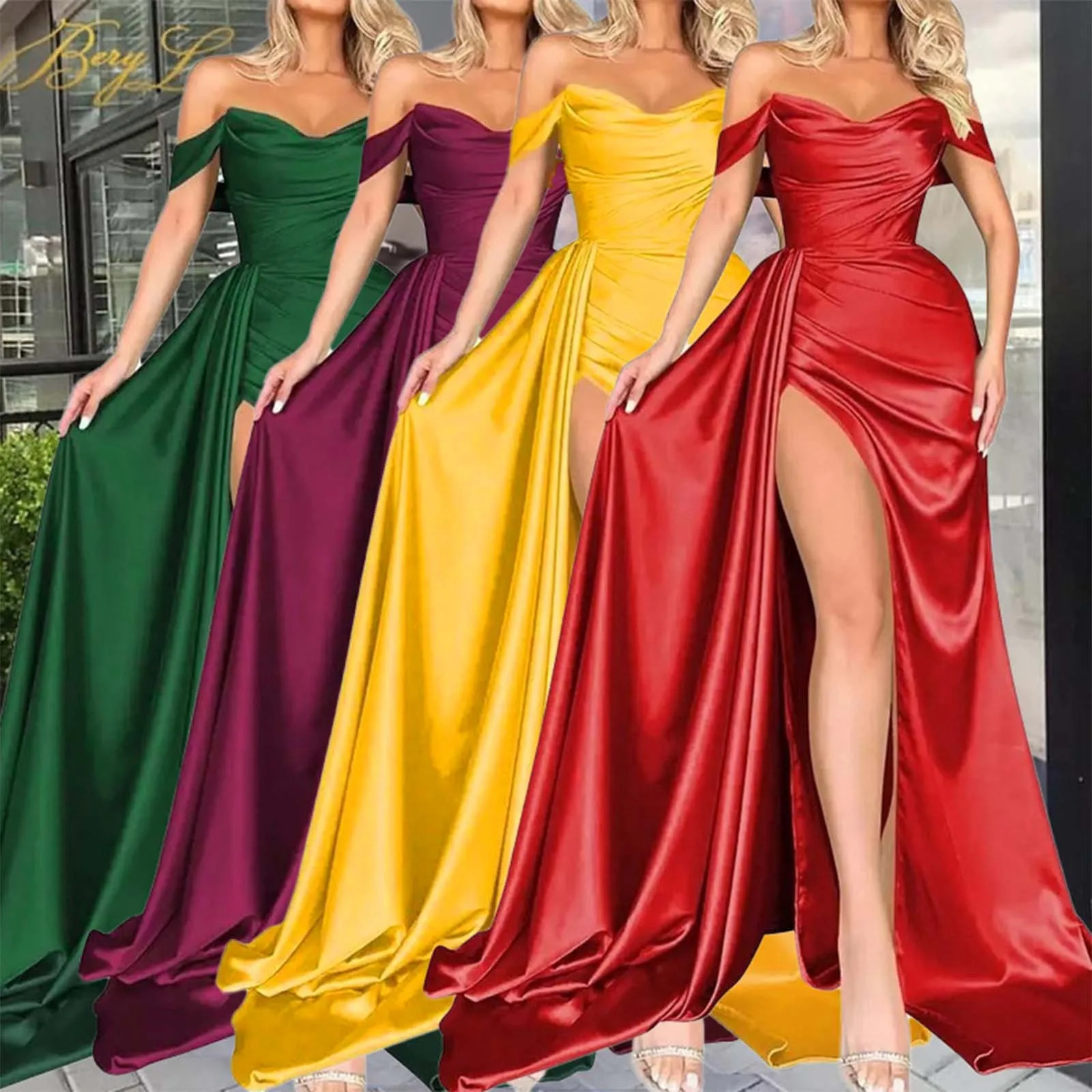 Sexy lange Satin schulter freie Abendkleider mit Schlitz Meerjungfrau Plissee Korsett zurück Ballkleid abendkleid für Frauen