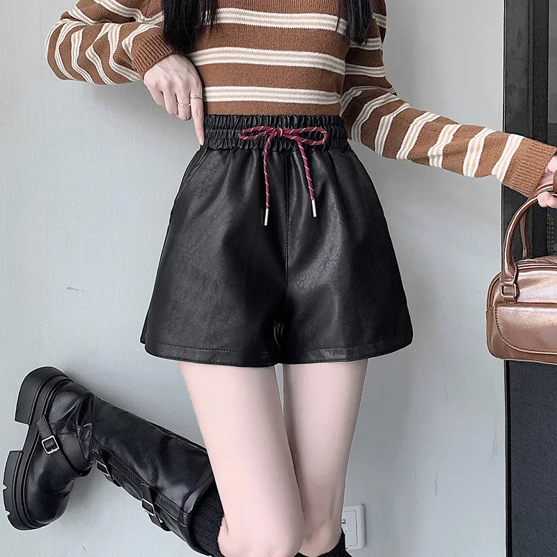 2024 New Black High Waisted Slimming Wide Leg Shorts with A-line Coffee Colored Leather Shorts Pantalones Cortos De Moda 30890