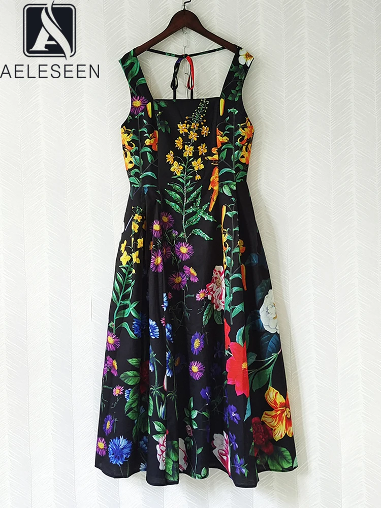 

AELESEEN Bohemian Summer Women Dress 2024 Runway Fashion Spaghetti Strap Colorful Flower Print Beading Crystal Black Long Party