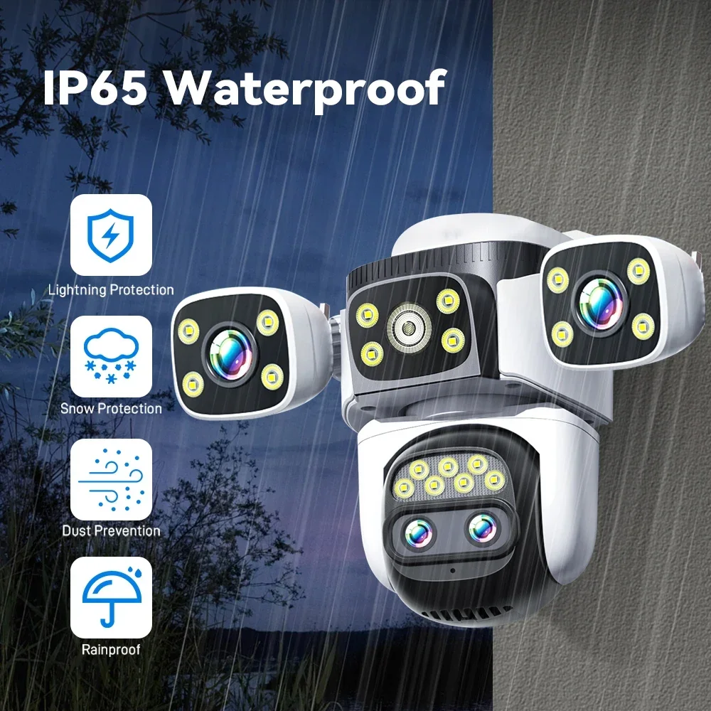 8MP Outdoor IP Security Camera 4-Lens 10X Optical Zoom Power Outage Continuity Auto Tracking IP66 Wireless CCTV Surveillance Cam