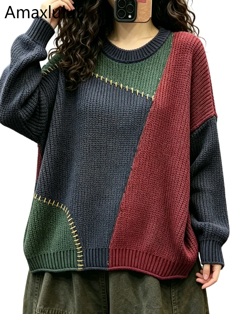 Amax LuluE Autumn Ladies Vintage Knitted Pullover Fashion Big Size Sweaters Womens Leisure Loose Embroidery Warm O Neck Jumpers