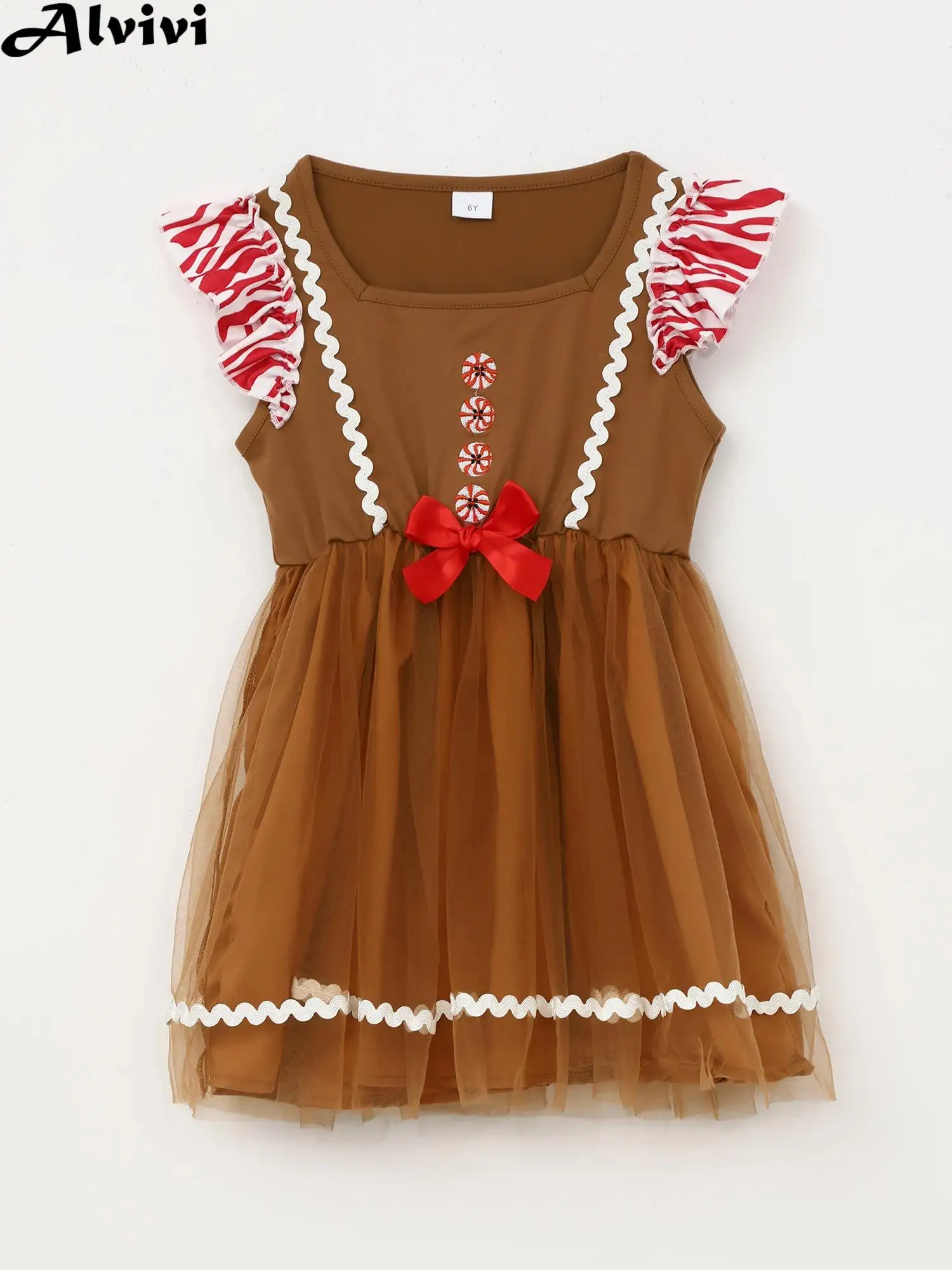 

Kids Girls Flying Sleeve Bow Tulle Christmas Dance Tutu Dress Xmas New Year Party Gingerbread Man Cosplay Performance Costume