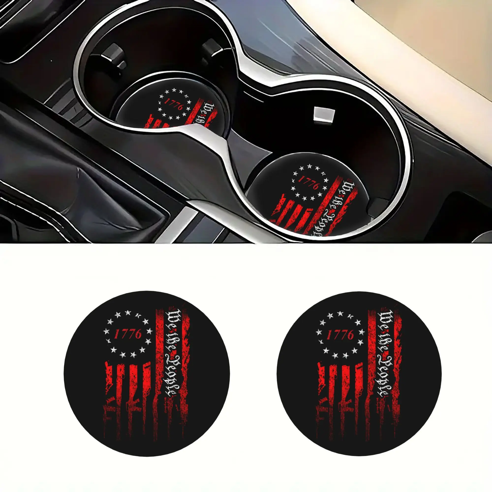Set Of 2 Black And Red 1776 Patriotic Design Car Cup Holders - Durable Drink Mats For Vehicles, Great For Home Kitchen Decoratio