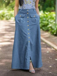 Women Retro Skirts ZANZEA 2023 Summer Denim Blue Long Skirt Casual Solid Split Bottoms Lady A-line Button Up Skirt Oversize