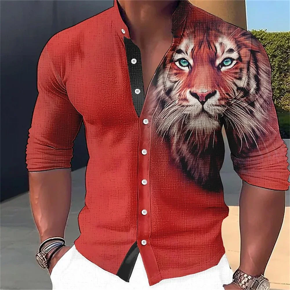 Camisa masculina de tecido estampado com gola em pé, top lazer, padrão animal, junta ao ar livre, alta qualidade, nova moda, S-6XL