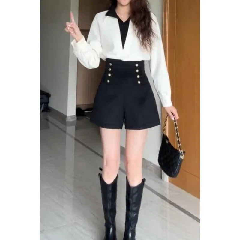 ارتفاع الخصر منقوشة بنطال ذو قصة أرجل واسعة المرأة الخريف الشتاء نمط جديد زر مزدوج المألوف التمهيد قطع بنطلون TT891 #3