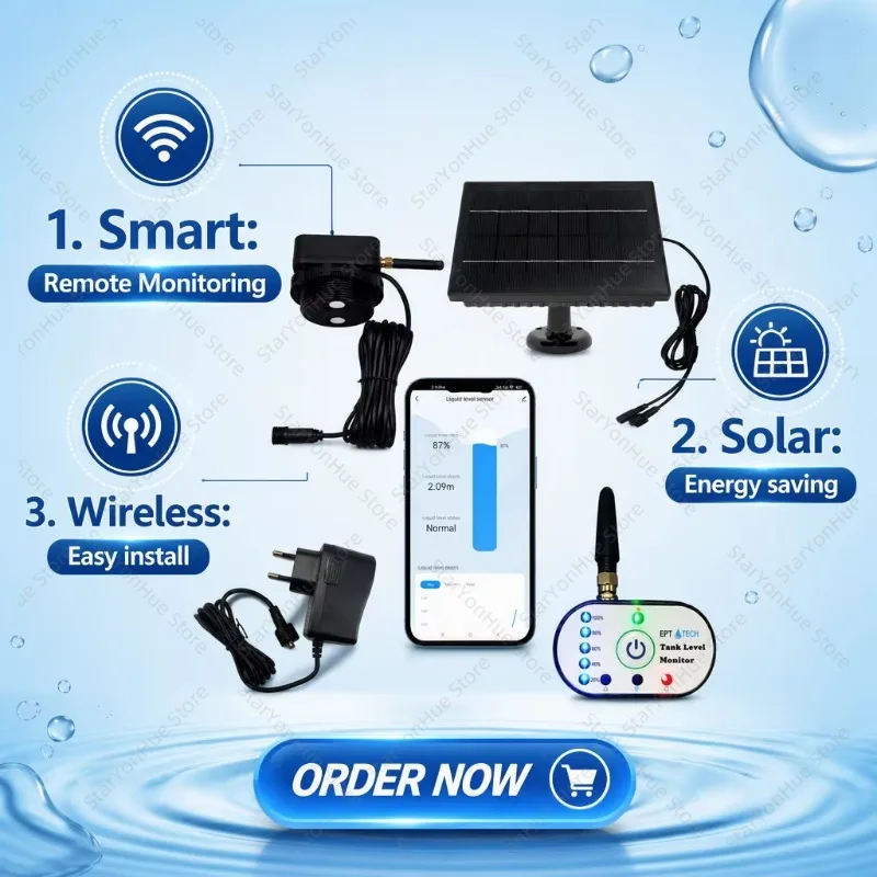TLC2502P-S Tuya Smart Life Ultrasonic Level Transmitter Solar WiFi+LORA Water Diesel Fuel Tank Depth Sensor with Alarm Output