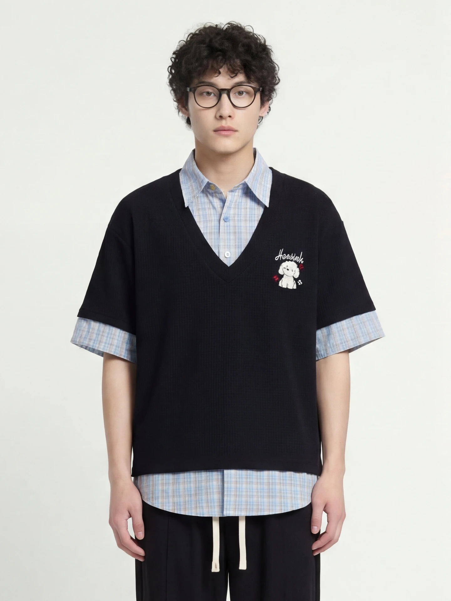 

Футболка свободного кроя с вышитым воротником и клетчатым узором, молодежная модная дышащая одежда из полиэстера для лета, повседневная.