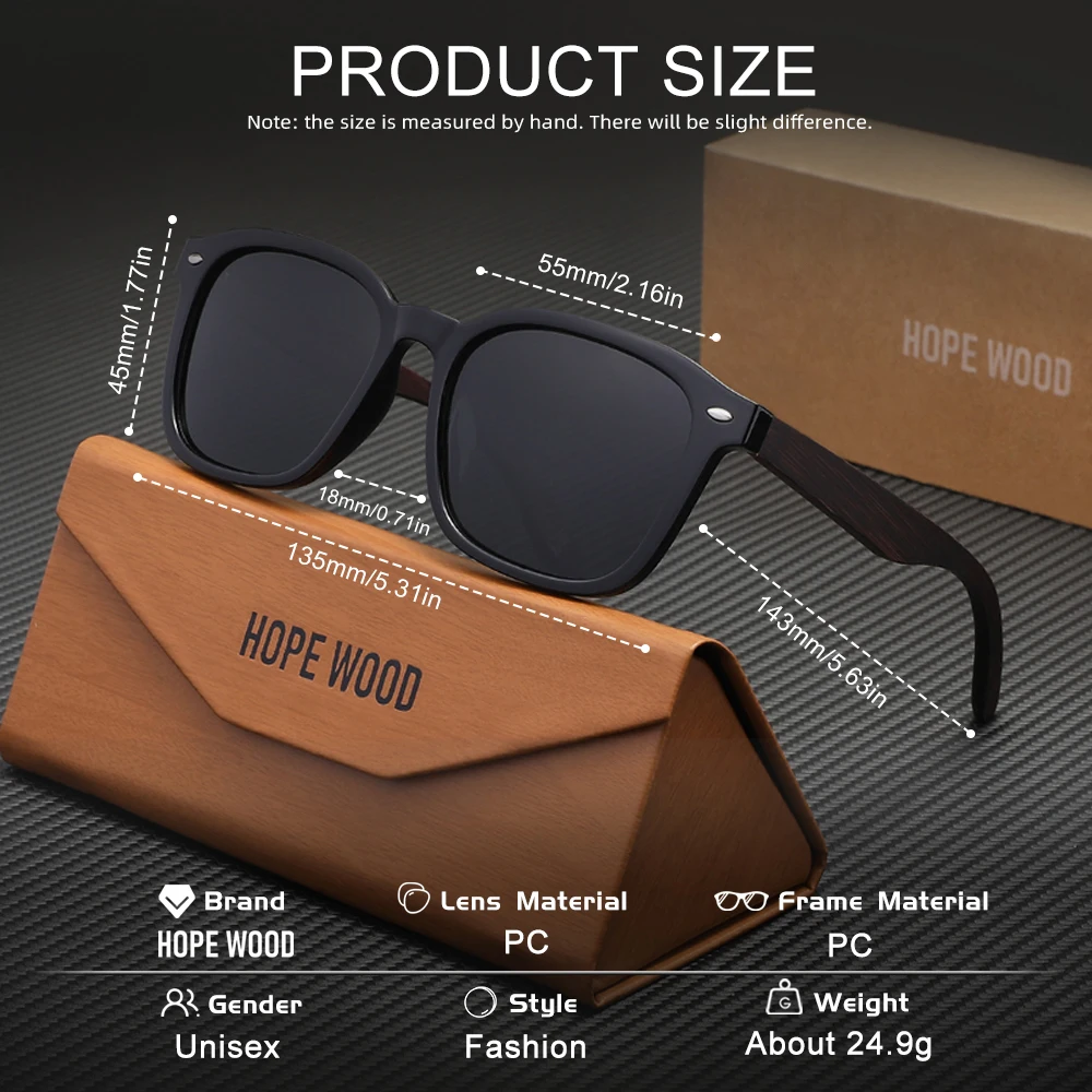 HOPEWOOD Kacamata Hitam Kayu Klasik Bermerek Kacamata Fashion UV400 Terpolarisasi untuk Pria Wanita Kacamata Kasual Berkendara