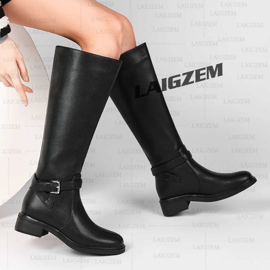 LAIGZEM Women Knee High Boots Round Toe Real Leather 3.5CM Thick Heels Boots Handmade Pull On Shoes Woman Large Size 39 42 44 46