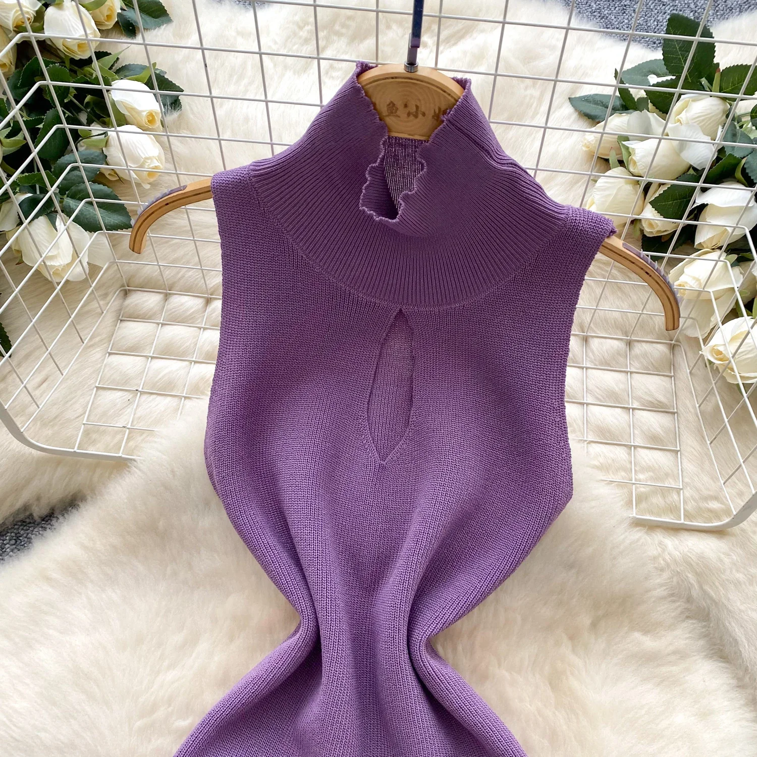Sommer Sexy Kurzes Kleid Frauen Ärmelloses Dünnes Strand Sommerkleid Halb Hohen Kragen Gestrickte Mini, Figurbetontes Kleid Streetwear Outfits