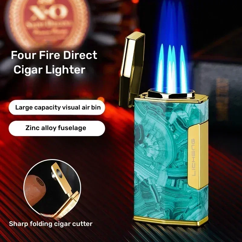 

New Strong Four Flame Windproof Lighter Blue Flame Inflatable Butane Lighter With Cigar Knife Multifunctional Tool Men's Gift