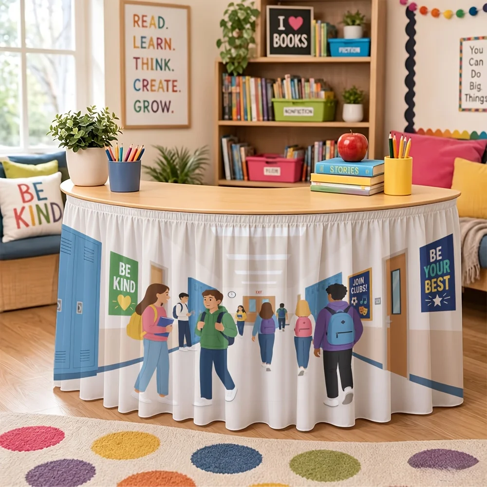 Back-to-school season, a tablecloth, a set of items depicting a student leaving school scene, and other printed elements.