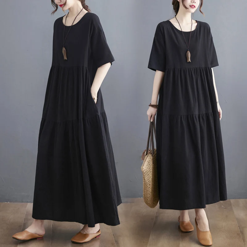 

plus Size Women's Summer Dr Long A-Line Skirt ort Sve round Ne Pure Color Splicing Cotton Linen Hide Belly Dr