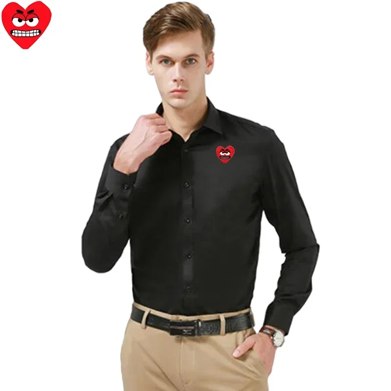 Chemise en polyester Break Egg pour hommes, dessin animé mignon, cœur brodé, queue de poisson, col imprimé, simple boutonnage, printemps, coupe décontractée