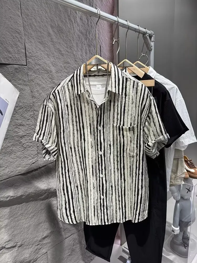 2026 New Summer Short Sleeve Striped Shirt For Men Texture Japanese Style Trendy Casual Handsome Tops Youth Fashion Shirts