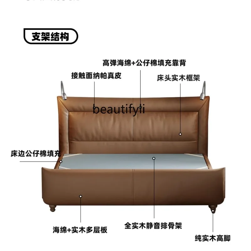 K132 Retro Leather Bed Italian Minimalist Double Master Bedroom Marriage Bed High Box Storage Bed Multi-Functional