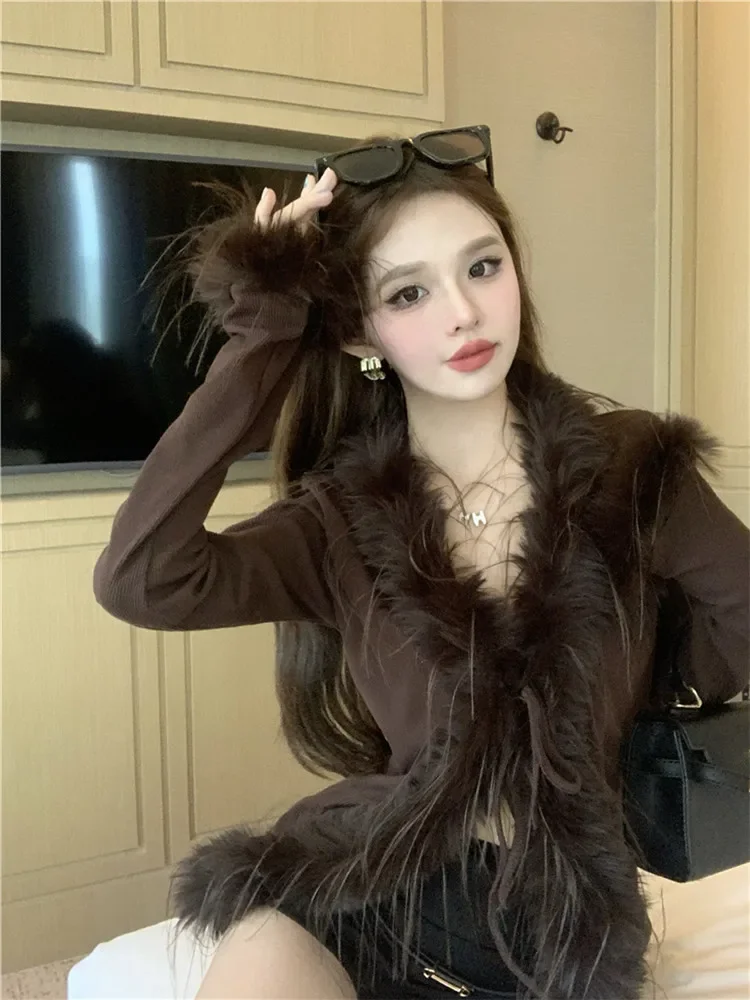 New Fall Women V Neck Fur Patchwork Slim Cardigan Maillard Fashion Long Sleeve Feather Shirt Khaki Coffee Bottom Fitting Top