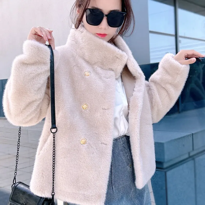 Gray Cropped Faux Fur Coat 2024 Winter Warm Stand Collar Fluffy Jacket Elegant Long Sleeve Overcoats Female Clothes Top