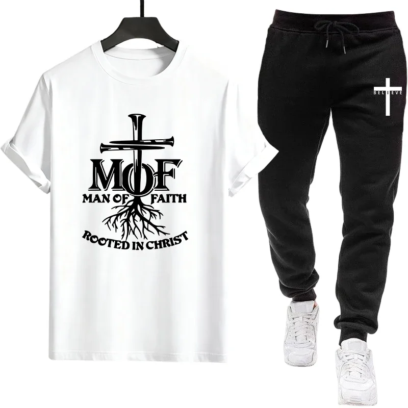 

Man of Faith Print Tees Tracksuit Spring Summer Daily Casual Fashion Short Sleeve Outfits 2026 Men's Set T-shirt and Sweatpants