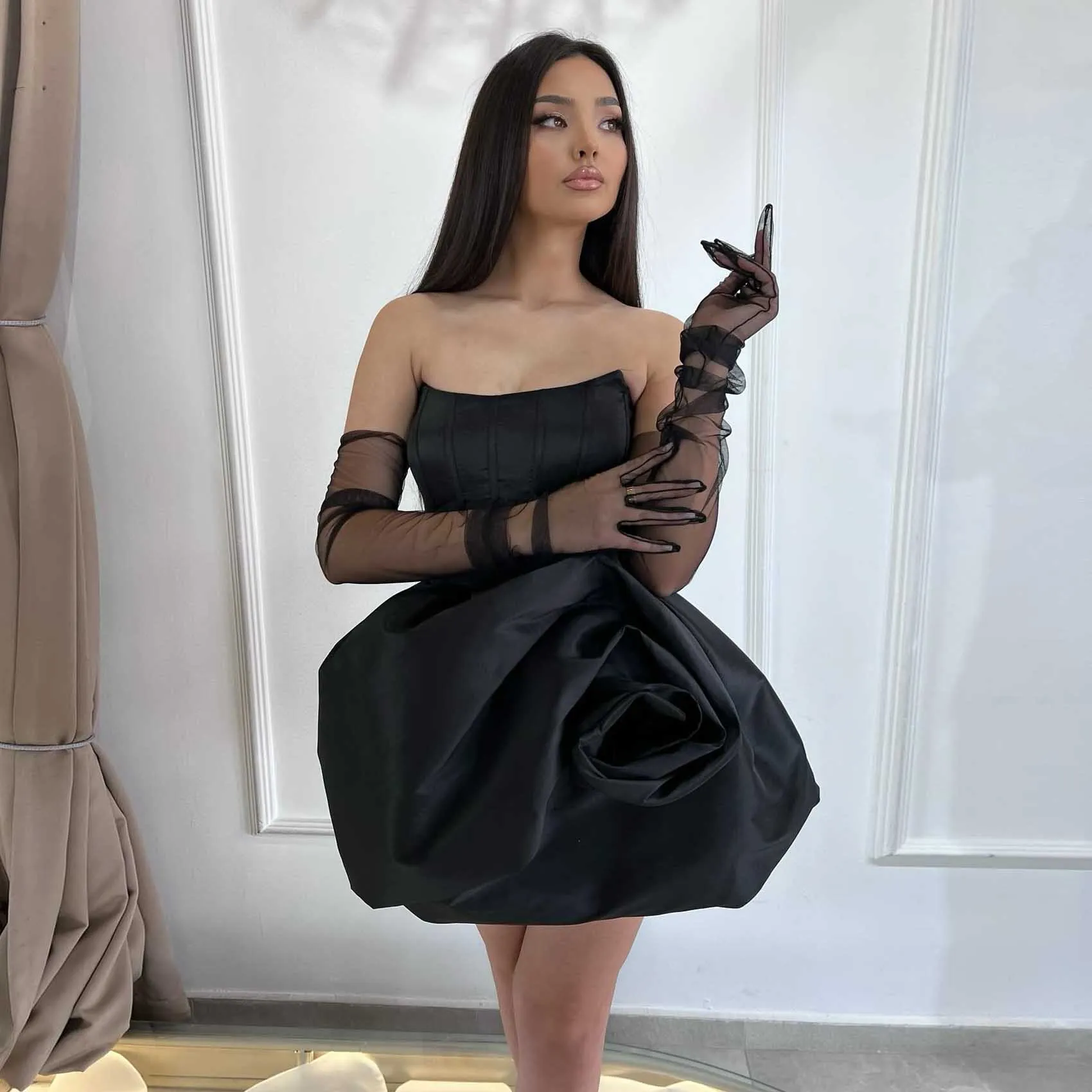 

Fashion Black Ruffle Taffeta Short Dress 2025 Couture Formal Party Dresses with Gloves Corset Draped Flower Mini Birthday Dress