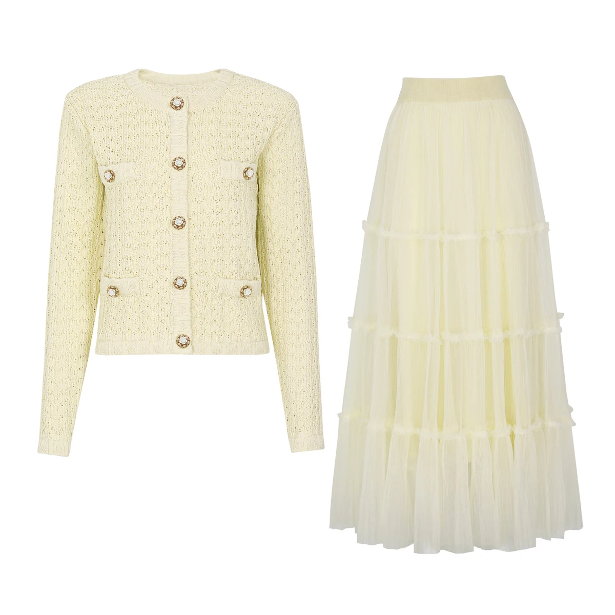 25297 高品質 春夏ファッション 伸縮性のあるニットの透かし彫り長袖カーディガン+メッシュスリムフィットスカート レディースセット