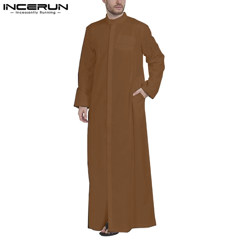 INCERUN 2024 New Men Muslim Fashion Clothes Solid Jubba Thobe Long Sleeve Stand Collar Pockets Robes Islamic Arabic Kaftan S-5XL