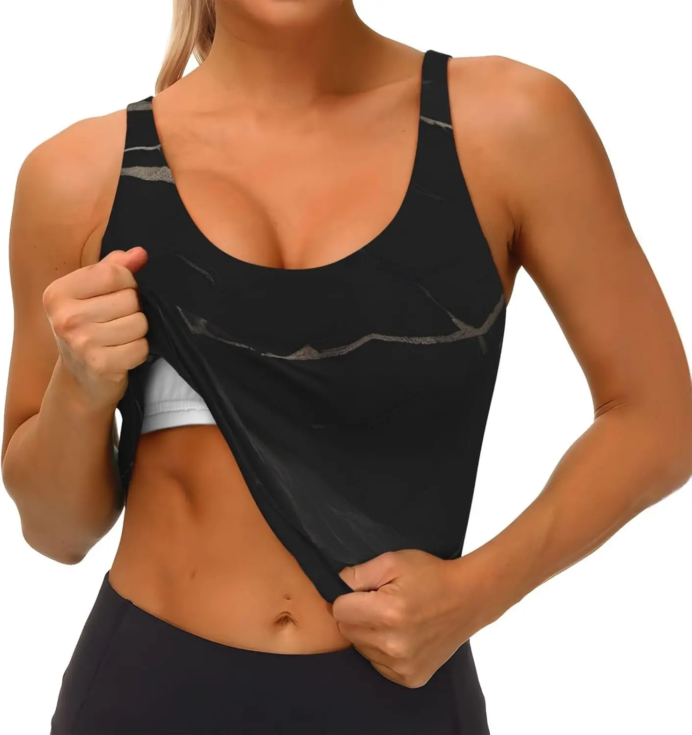 여성용 로우 칼라 스포츠 브라 신축성있는 스포츠 조끼 요가 탱크 탑 탑 셔츠 검정색 질감 대리석 패턴