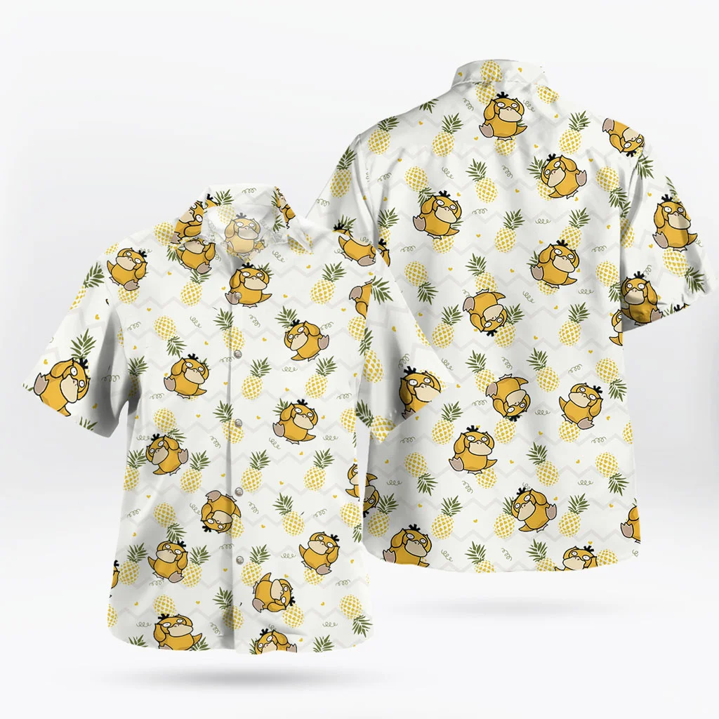 Pokémon Cute Psyduck Pineapple Pattern Hawaiian Shirt Summer Sports Leisure Men's T-Shirt Children's Clothing Tee Y2k Woman