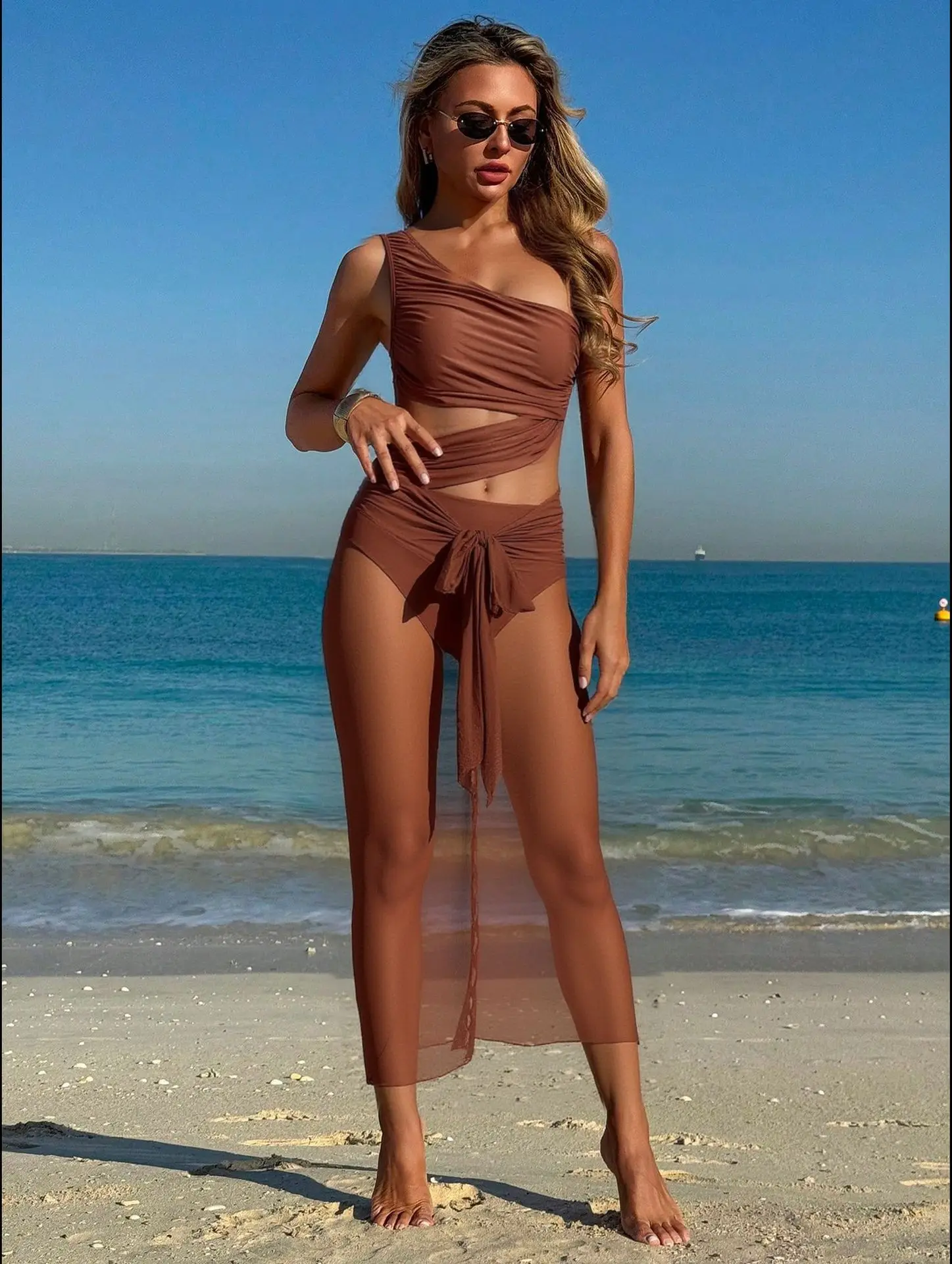 WackDaria 2026 Women Swimsuit One Piece With Mesh Cover Up Solid Color Swimwear Bathing Suit Купальник Maillot De Bain Femma