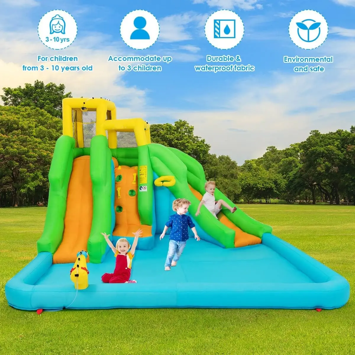 Nadmuchiwana zjeżdżalnia wodna, 6 W 1 Park wodny nadmuchiwane zjeżdżalnie ze ścianką wspinaczkową, dmuchawa 480W, 2 długie zjeżdżalnie, basen plusk