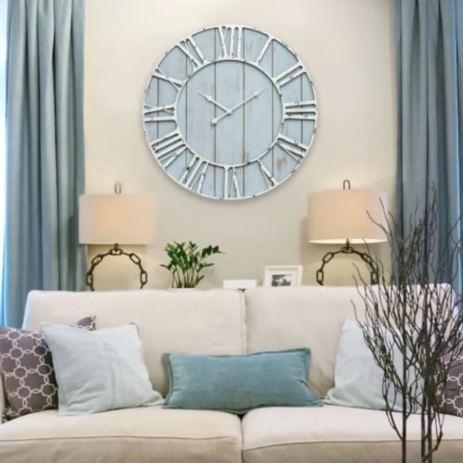 Large Farmhouse Wall Clock 24 Inch Vintage Blue Wooden Wall Clock for Bedroom Living Room Office Kitchen, Quiet Ticking, Minima
